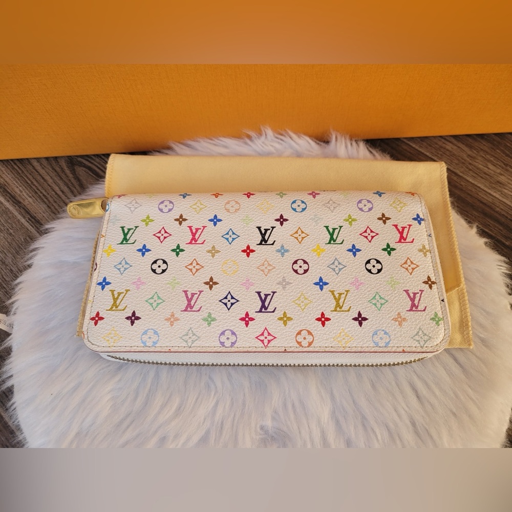 White Multicolor Zippy Wallet (Orange Interior)